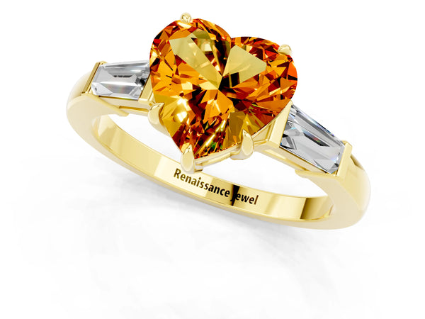Yellow gold Heart Cut Citrine Three-Stone Ring with Tapered Baguette Side Stones and Prong Setting