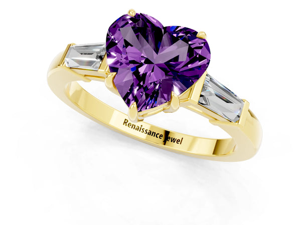Yellow gold Heart Cut Amethyst Three-Stone Ring with Tapered Baguette Side Stones and Prong Setting