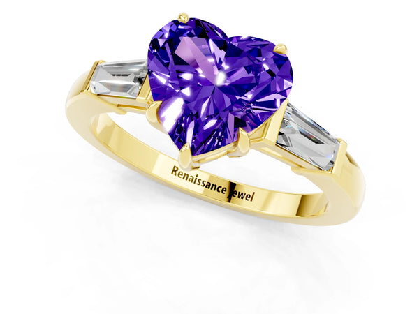 Yellow gold Heart Cut Tanzanite Three-Stone Ring with Tapered Baguette Side Stones and Prong Setting