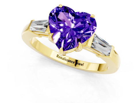 Yellow gold Heart Cut Cut Diamond Ring with Tapered Baguette Side Stones in Four-Prong Setting_1