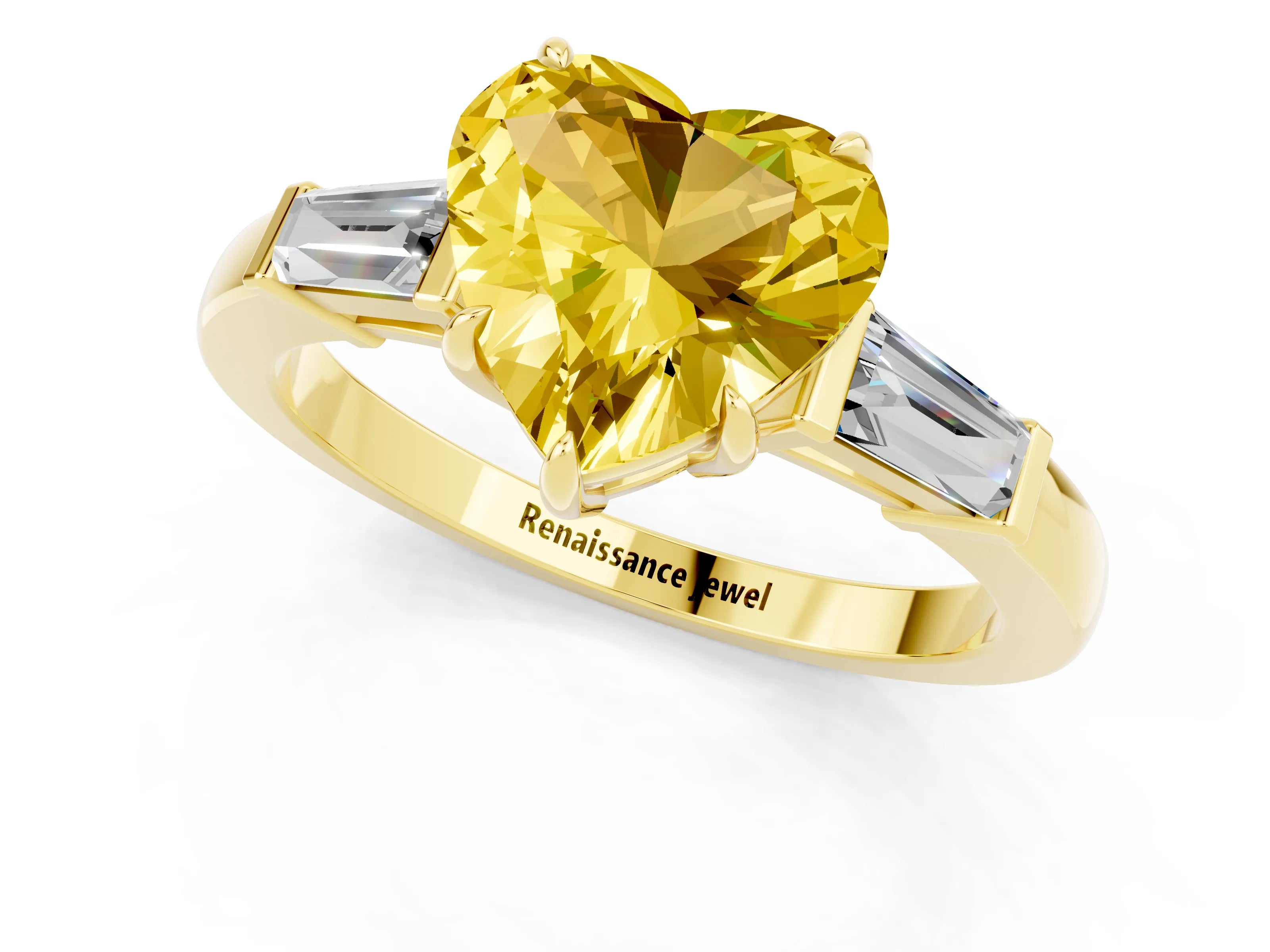 Yellow gold Heart Cut Cut Diamond Ring with Tapered Baguette Side Stones in Four-Prong Setting_1
