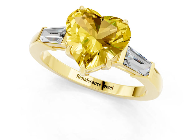 Yellow gold Heart Cut Yellow Sapphire Three-Stone Ring with Tapered Baguette Side Stones and Prong Setting