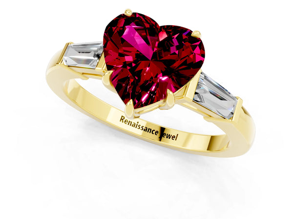 Yellow gold Heart Cut Garnet Three-Stone Ring with Tapered Baguette Side Stones and Prong Setting