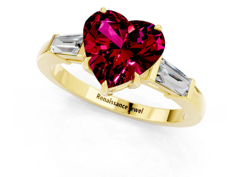 Yellow gold Heart Cut Cut Diamond Ring with Tapered Baguette Side Stones in Four-Prong Setting_1
