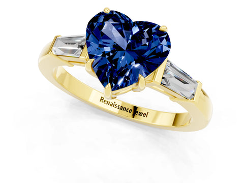 Yellow gold Heart Cut Cut Diamond Ring with Tapered Baguette Side Stones in Four-Prong Setting_1