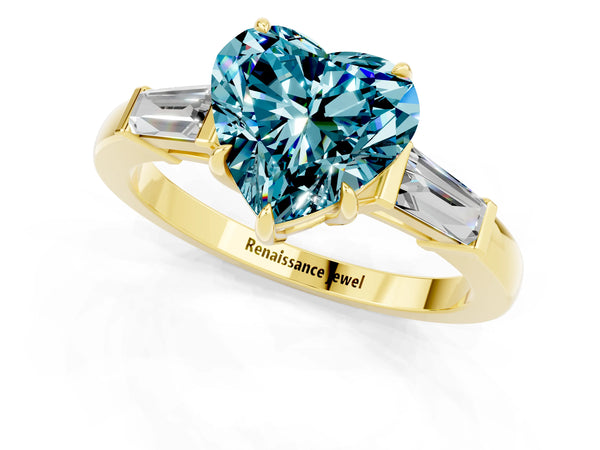 Yellow gold Heart Cut Cut Diamond Ring with Tapered Baguette Side Stones in Four-Prong Setting