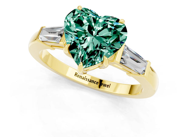Yellow gold Heart Cut Green Sapphire Three-Stone Ring with Tapered Baguette Side Stones and Prong Setting