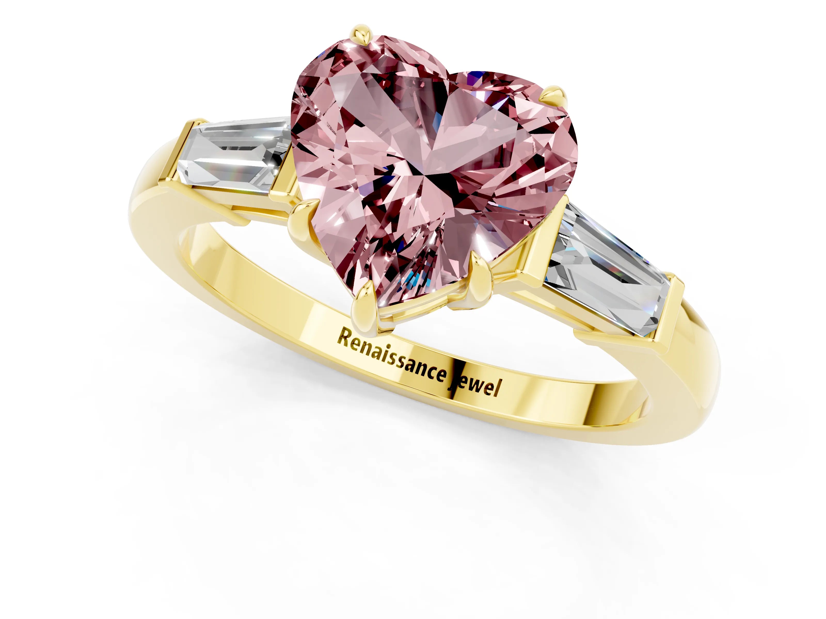 Yellow gold Heart Cut Cut Diamond Ring with Tapered Baguette Side Stones in Four-Prong Setting_1