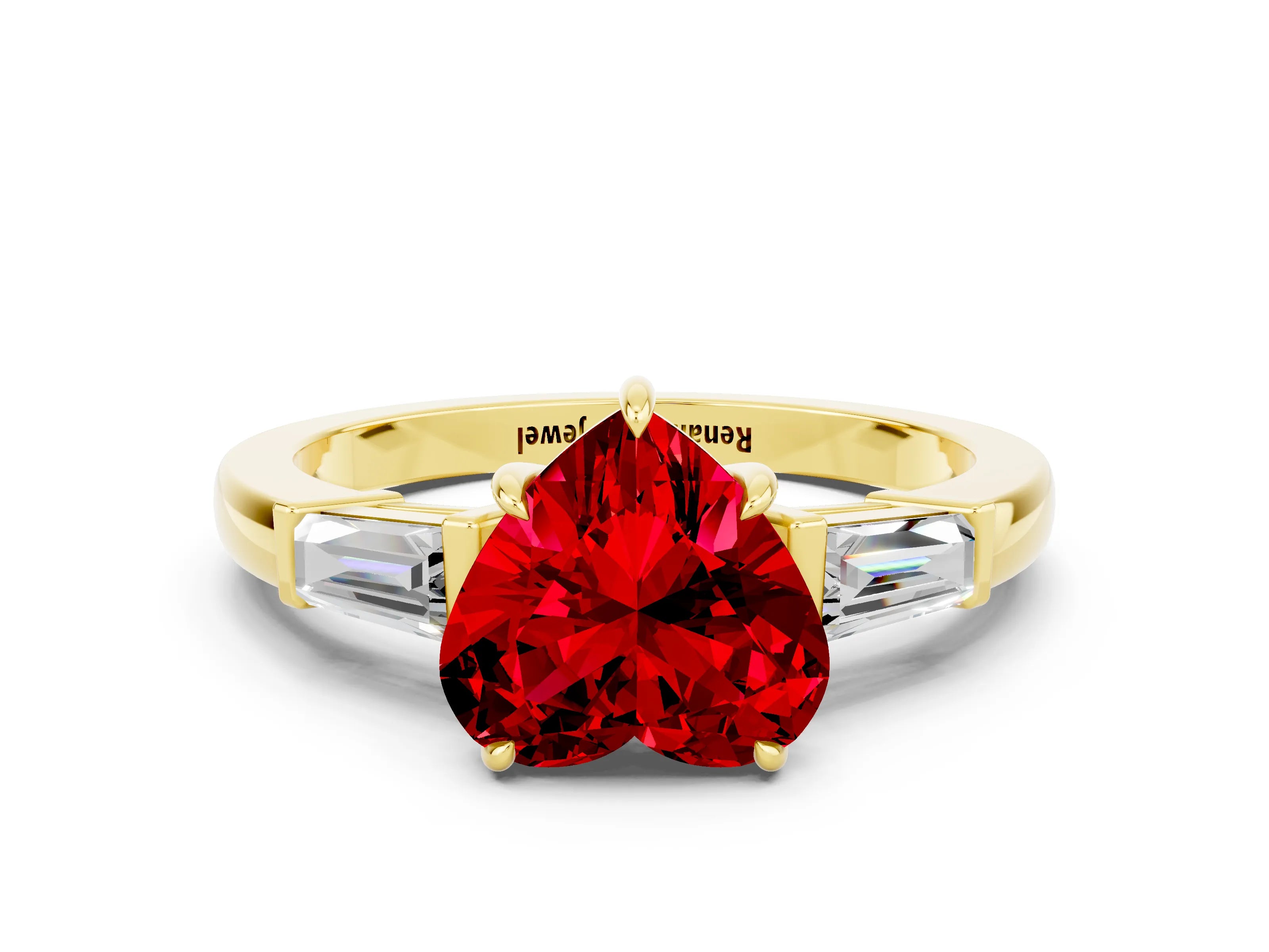 Yellow gold Heart Cut Cut Diamond Ring with Tapered Baguette Side Stones in Four-Prong Setting