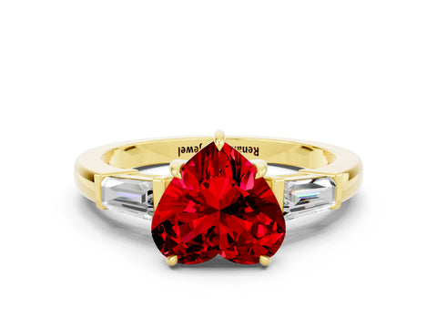 Yellow gold Heart Cut Cut Diamond Ring with Tapered Baguette Side Stones in Four-Prong Setting