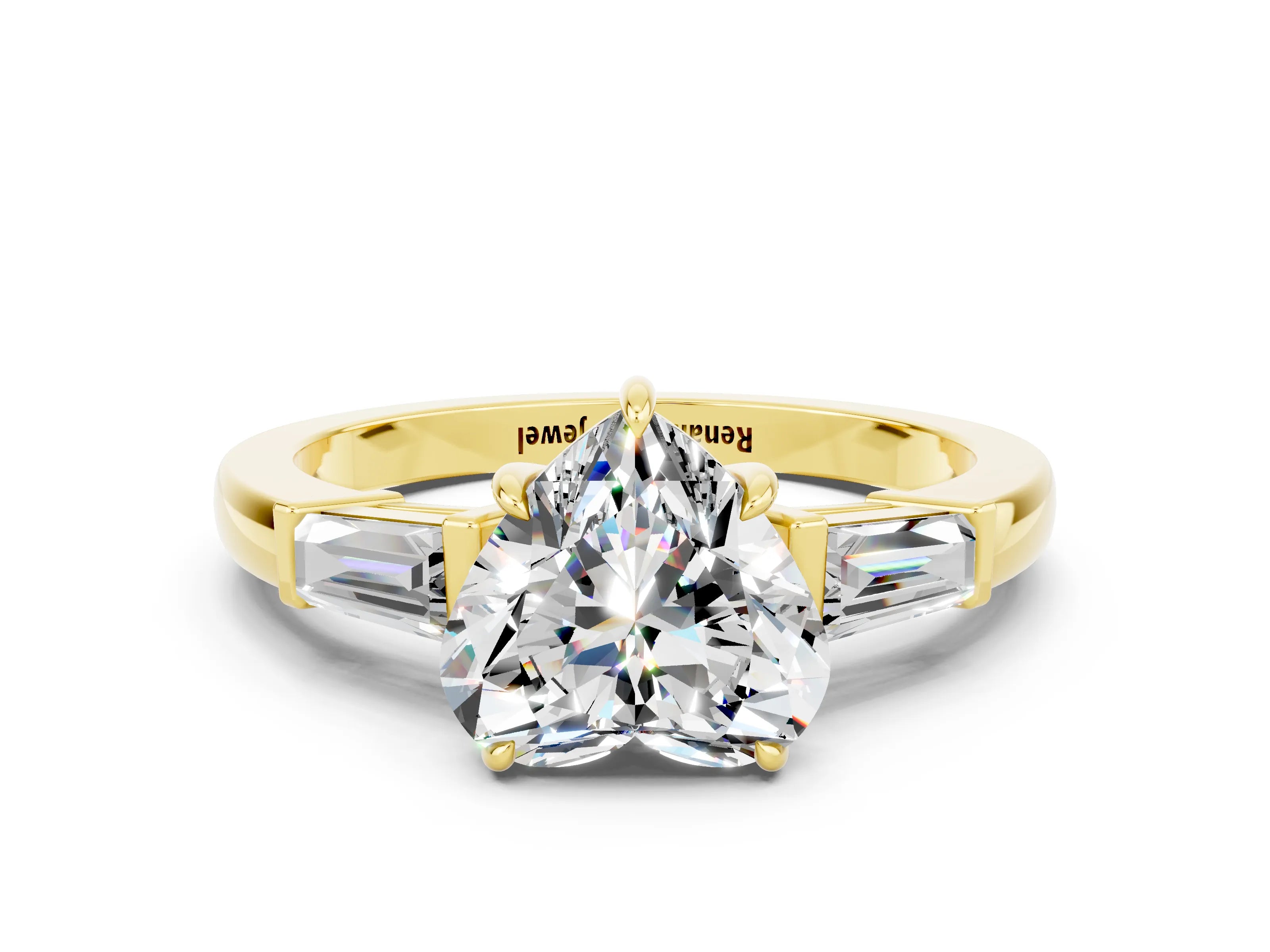 Yellow gold Heart Cut Cut Diamond Ring with Tapered Baguette Side Stones in Four-Prong Setting