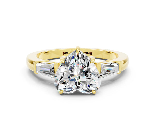 Yellow gold Heart Cut Moissanite Three-Stone Ring with Tapered Baguette Side Stones and Prong Setting