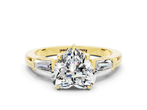Yellow gold Heart Cut Cut Diamond Ring with Tapered Baguette Side Stones in Four-Prong Setting