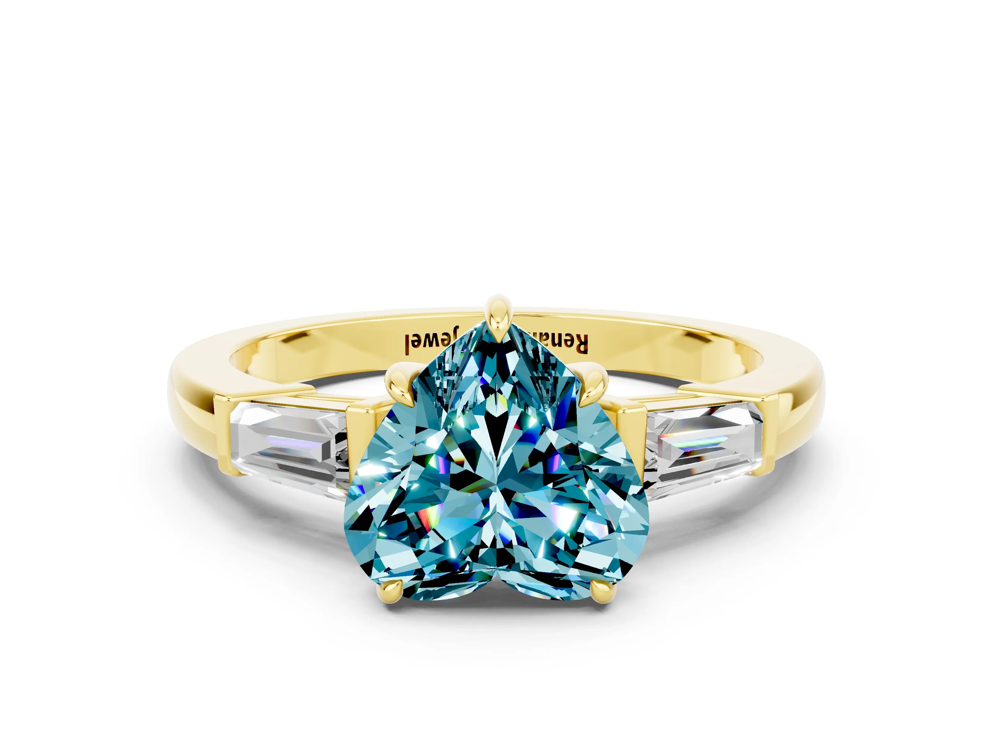 Yellow gold Heart Cut Cut Diamond Ring with Tapered Baguette Side Stones in Four-Prong Setting