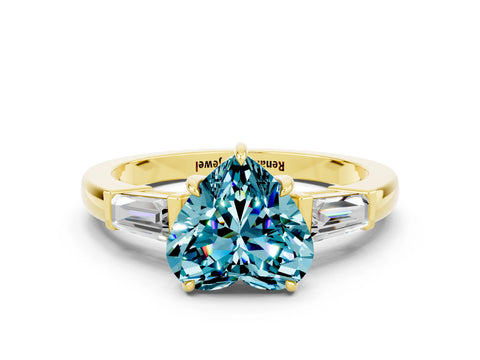 Yellow gold Heart Cut Cut Diamond Ring with Tapered Baguette Side Stones in Four-Prong Setting