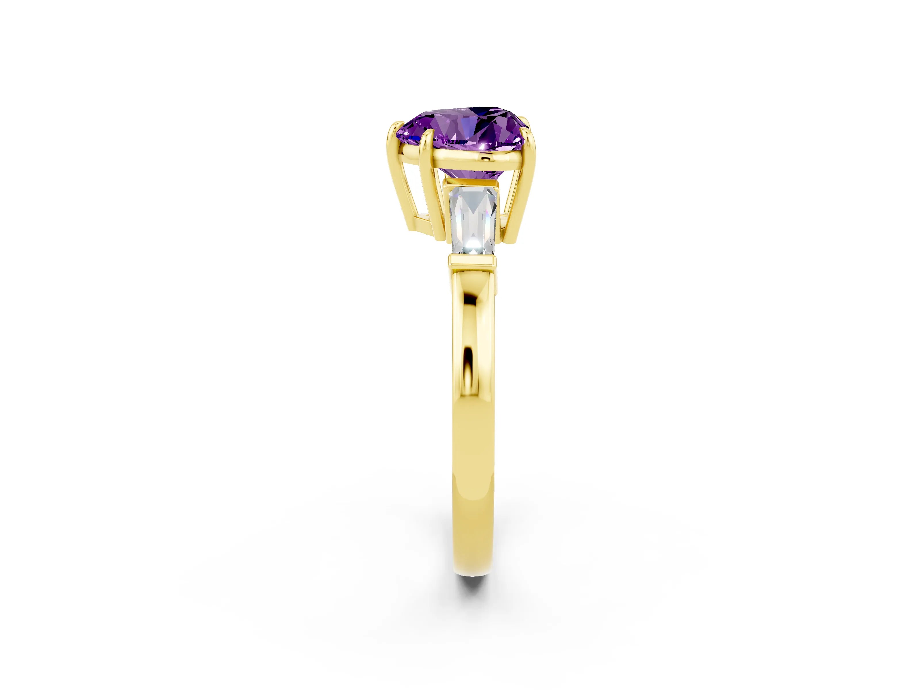 Yellow gold Heart Cut Cut Diamond Ring with Tapered Baguette Side Stones in Four-Prong Setting_2