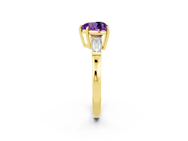 Yellow gold Heart Cut Amethyst Three-Stone Ring with Tapered Baguette Side Stones and Prong Setting