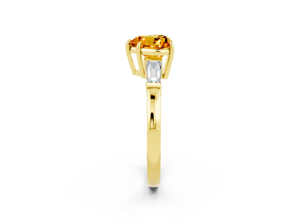 Yellow gold Heart Cut Citrine Three-Stone Ring with Tapered Baguette Side Stones and Prong Setting