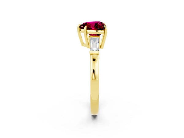 Yellow gold Heart Cut Garnet Three-Stone Ring with Tapered Baguette Side Stones and Prong Setting
