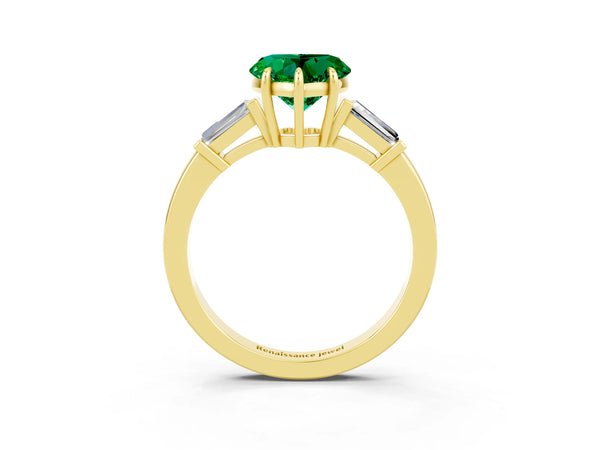 Yellow gold Heart Cut Emerald Three-Stone Ring with Tapered Baguette Side Stones and Prong Setting