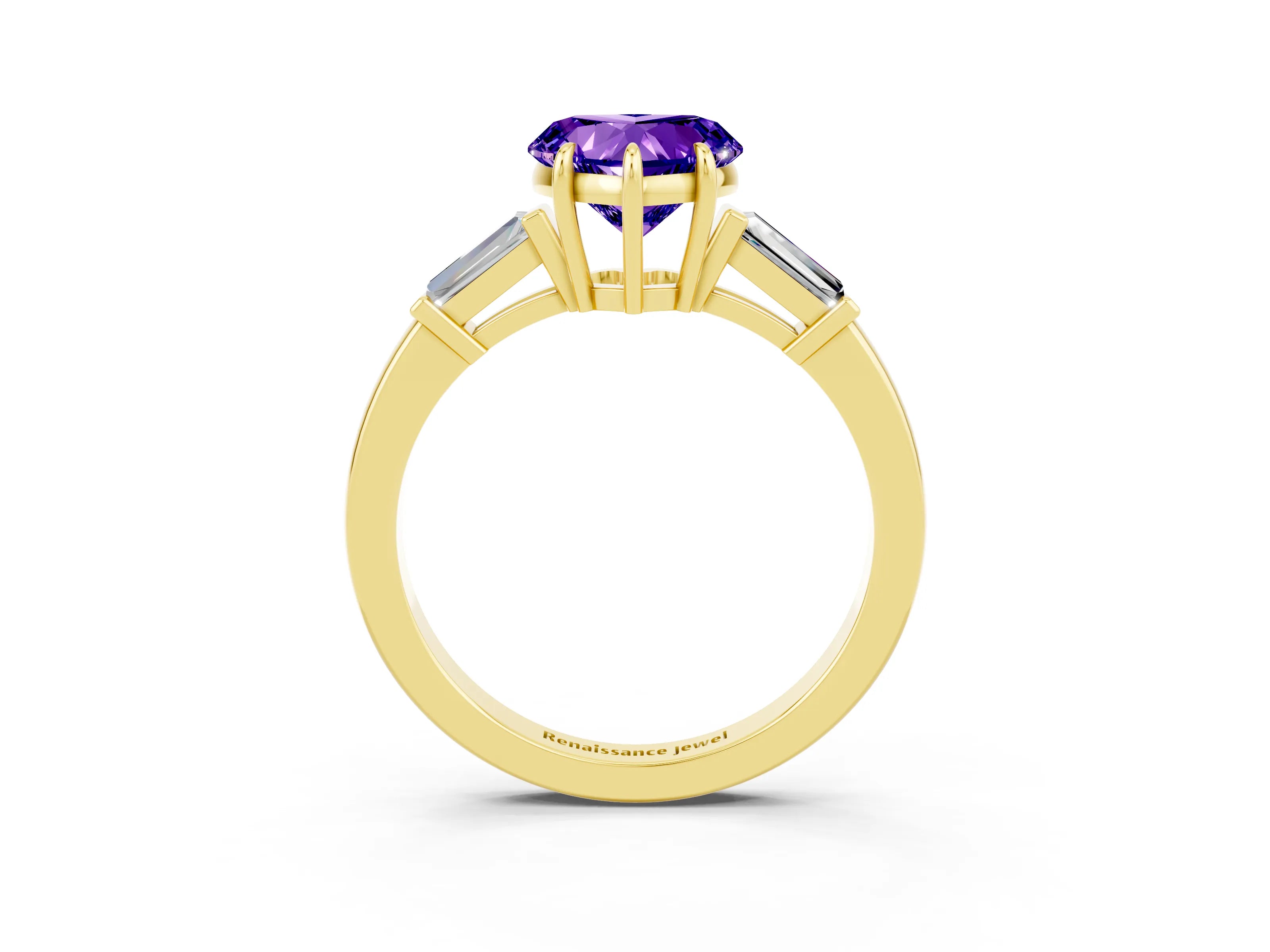 Yellow gold Heart Cut Cut Diamond Ring with Tapered Baguette Side Stones in Four-Prong Setting_3