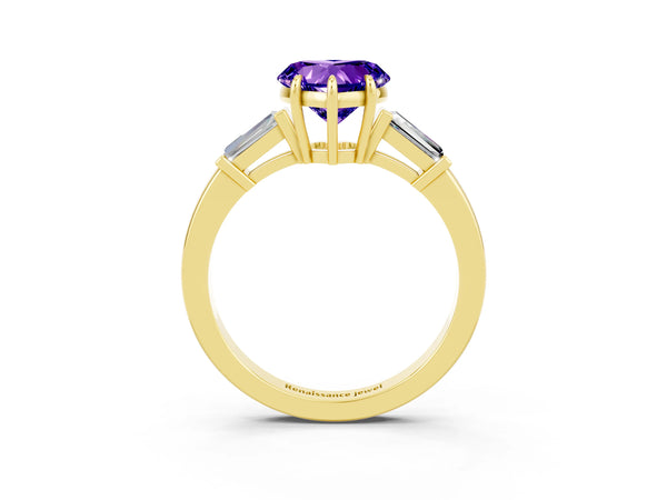 Yellow gold Heart Cut Tanzanite Three-Stone Ring with Tapered Baguette Side Stones and Prong Setting