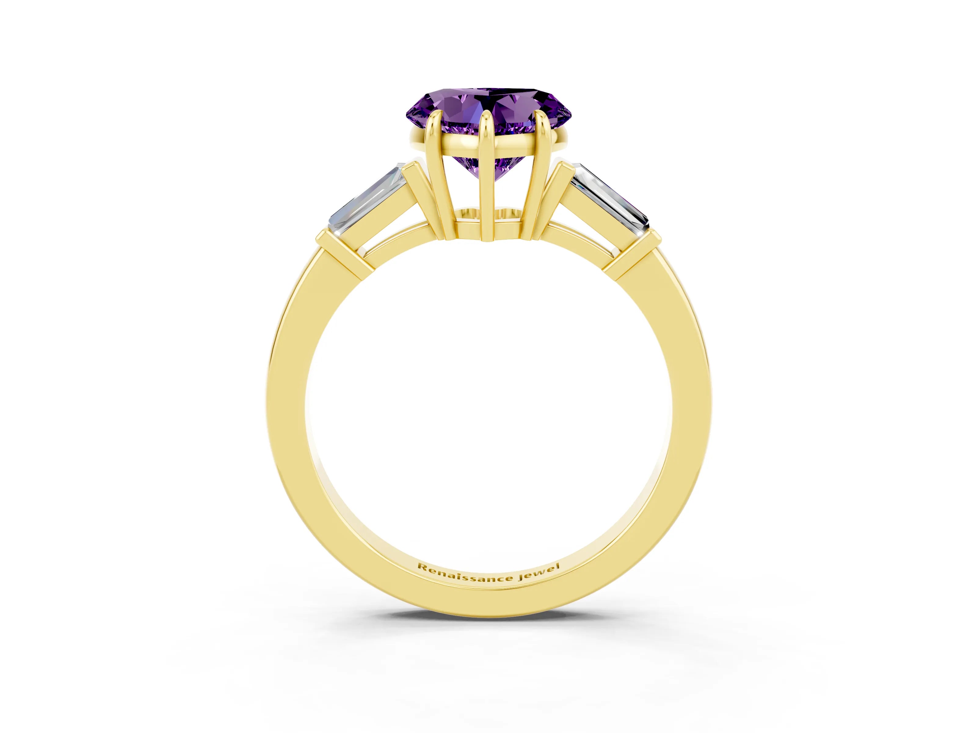Yellow gold Heart Cut Cut Diamond Ring with Tapered Baguette Side Stones in Four-Prong Setting_3