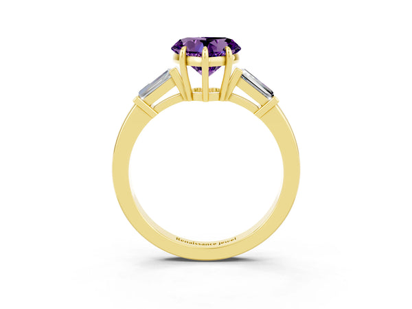 Yellow gold Heart Cut Amethyst Three-Stone Ring with Tapered Baguette Side Stones and Prong Setting