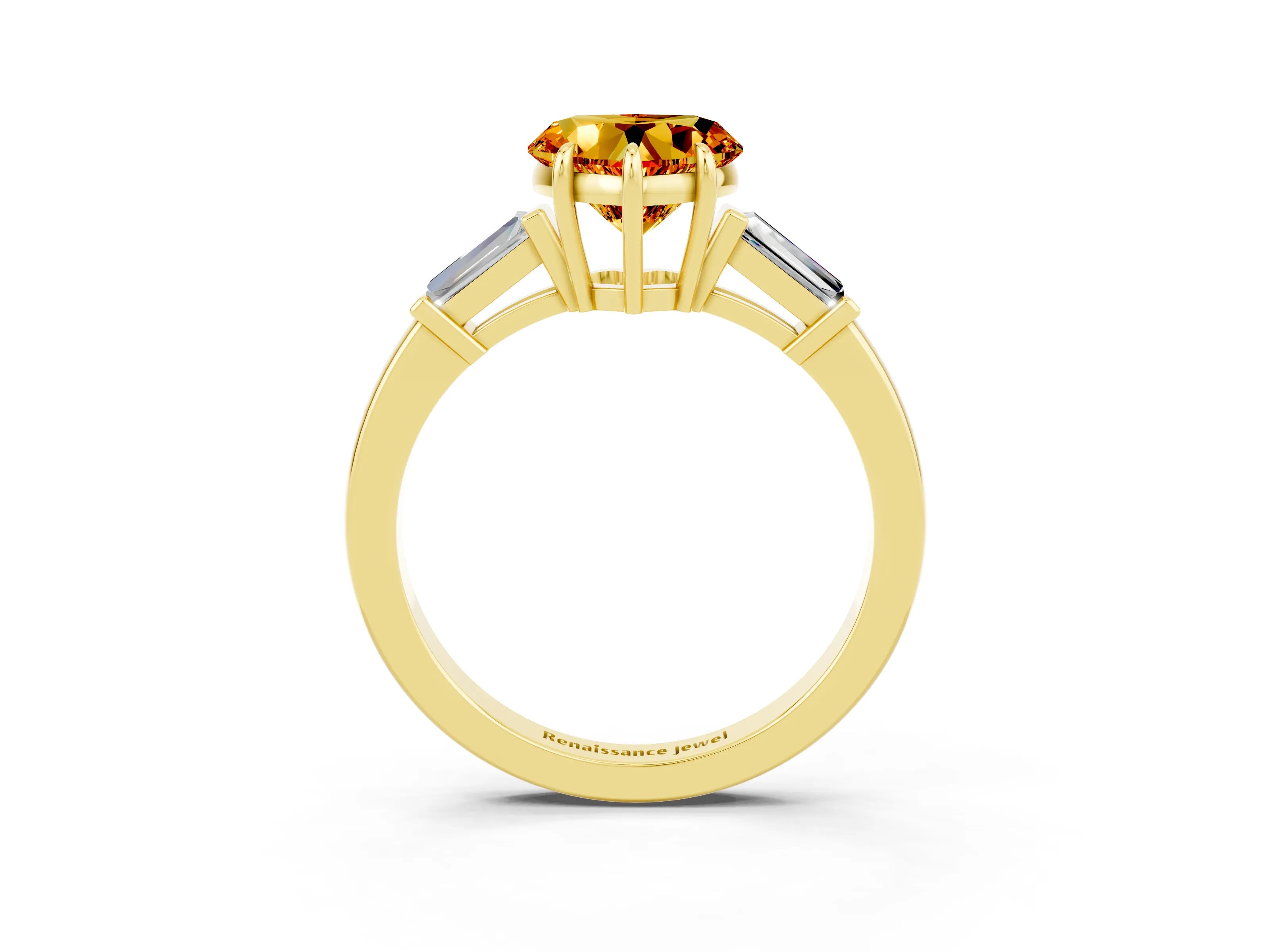 Yellow gold Heart Cut Cut Diamond Ring with Tapered Baguette Side Stones in Four-Prong Setting_3