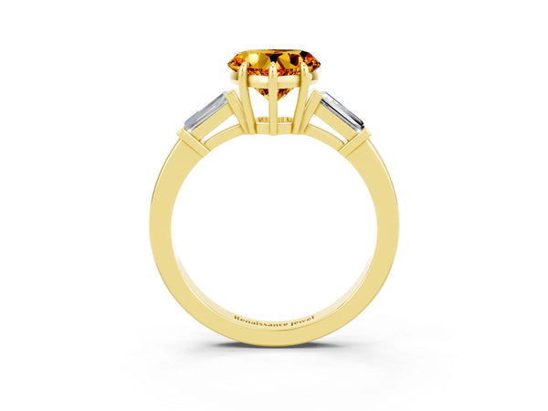 Yellow gold Heart Cut Citrine Three-Stone Ring with Tapered Baguette Side Stones and Prong Setting