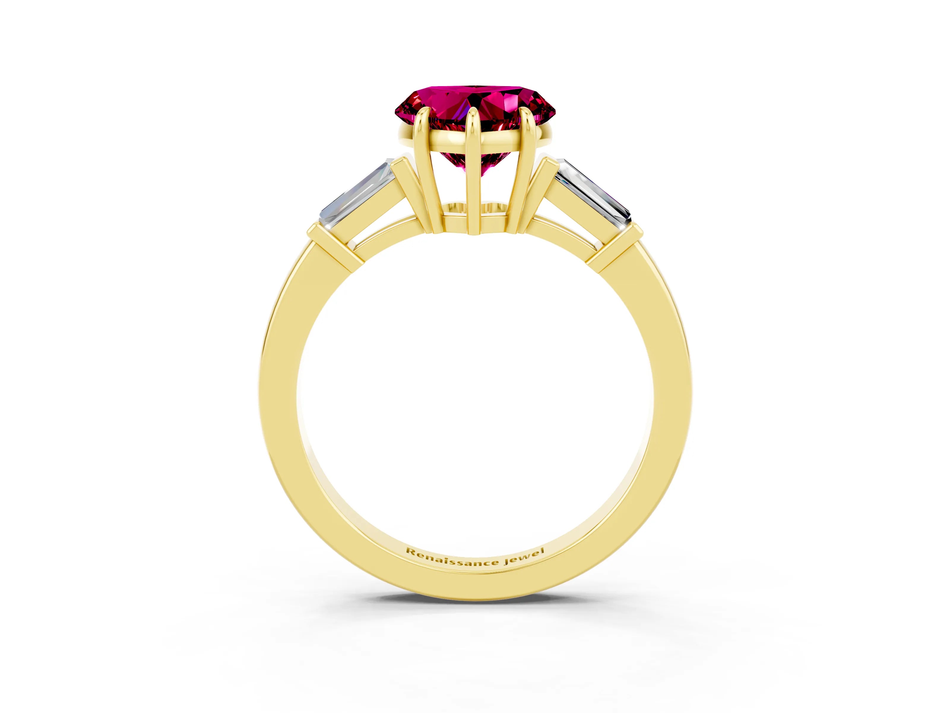 Yellow gold Heart Cut Cut Diamond Ring with Tapered Baguette Side Stones in Four-Prong Setting_3