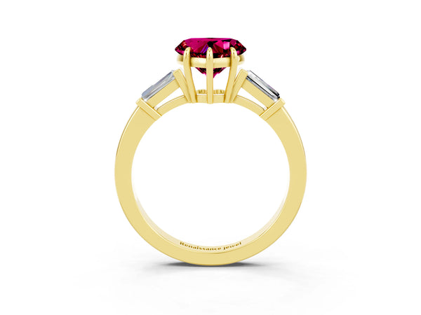 Yellow gold Heart Cut Garnet Three-Stone Ring with Tapered Baguette Side Stones and Prong Setting