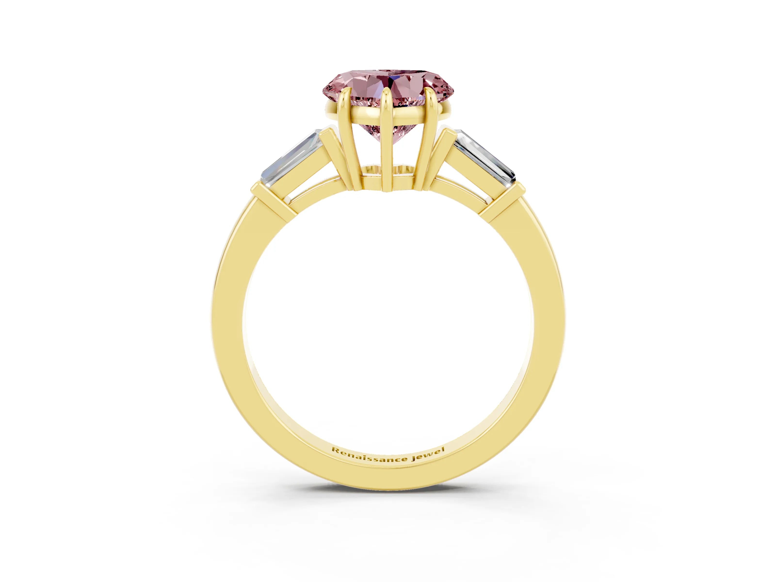 Yellow gold Heart Cut Cut Diamond Ring with Tapered Baguette Side Stones in Four-Prong Setting_3