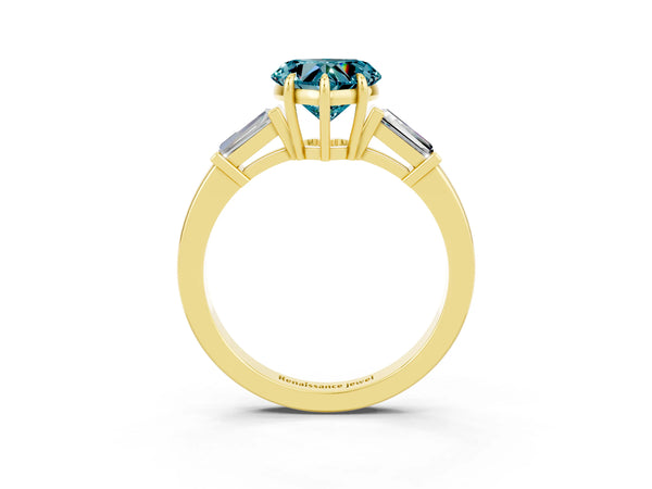 Yellow gold Heart Cut Cut Diamond Ring with Tapered Baguette Side Stones in Four-Prong Setting