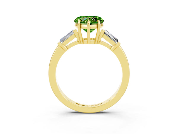 Yellow gold Heart Cut Cut Diamond Ring with Tapered Baguette Side Stones in Four-Prong Setting
