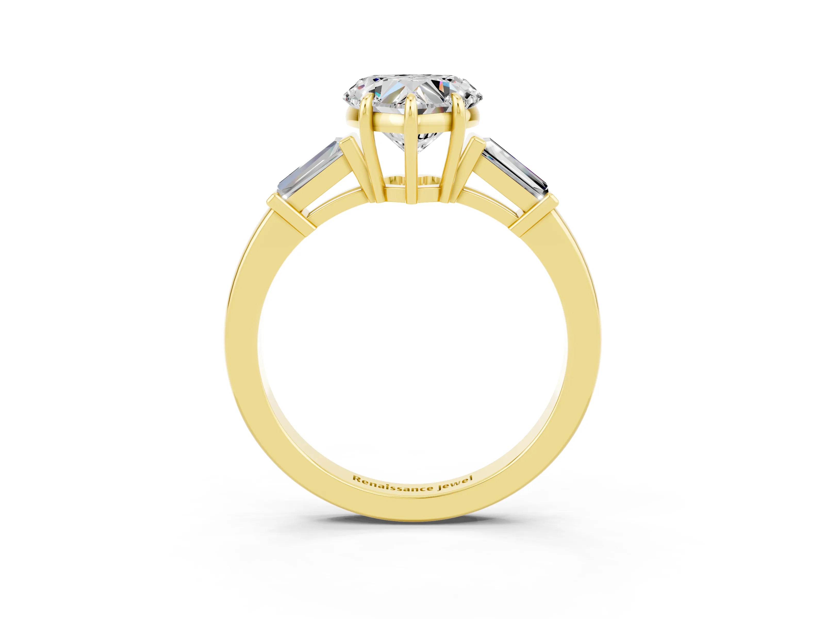 Yellow gold Heart Cut Cut Diamond Ring with Tapered Baguette Side Stones in Four-Prong Setting_3