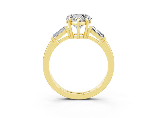 Yellow gold Heart Cut Moissanite Three-Stone Ring with Tapered Baguette Side Stones and Prong Setting