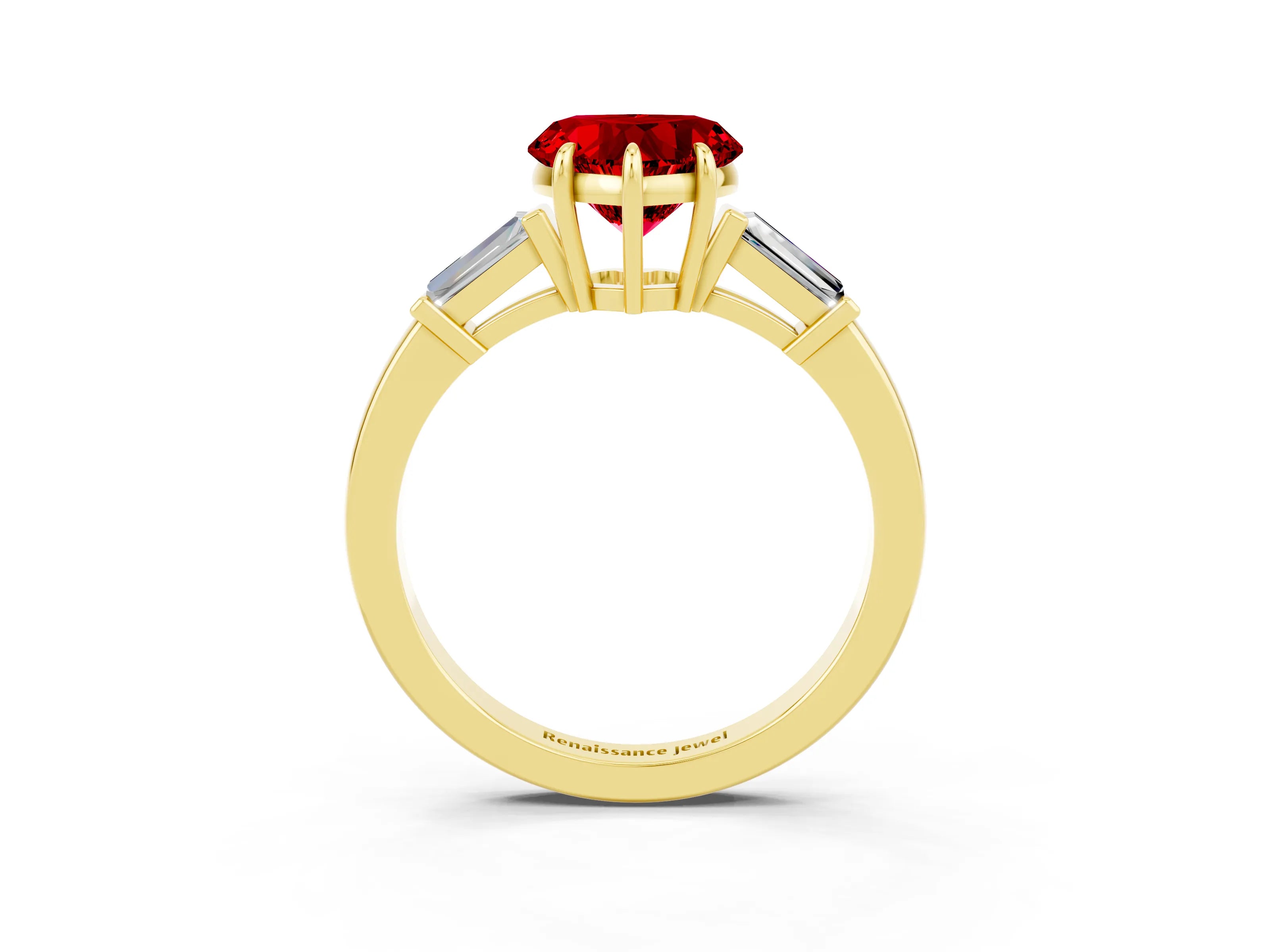 Yellow gold Heart Cut Cut Diamond Ring with Tapered Baguette Side Stones in Four-Prong Setting_3