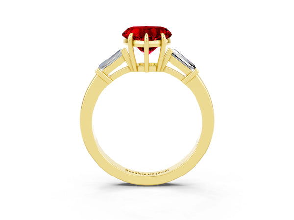 Yellow gold Heart Cut Cut Diamond Ring with Tapered Baguette Side Stones in Four-Prong Setting