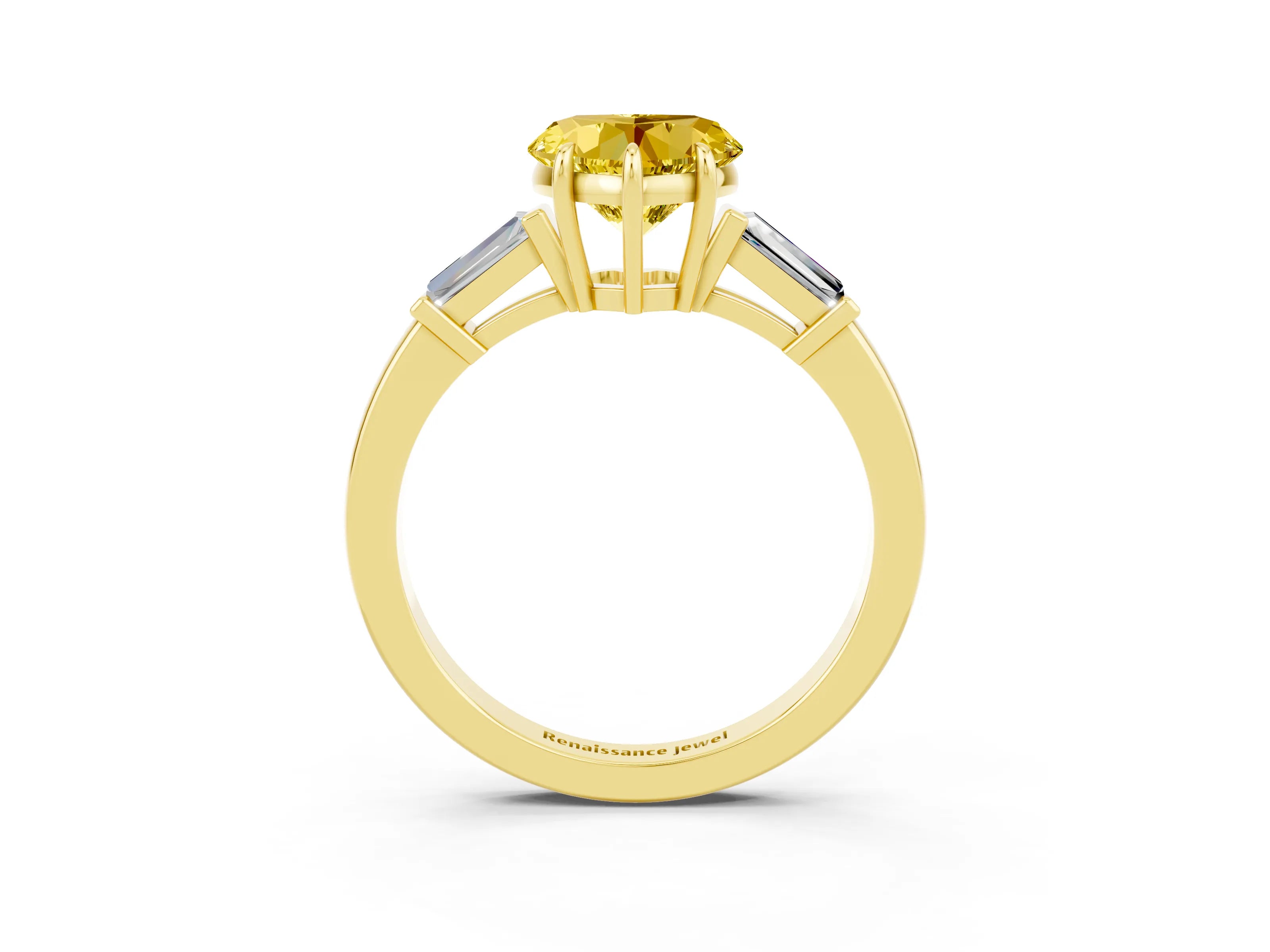 Yellow gold Heart Cut Cut Diamond Ring with Tapered Baguette Side Stones in Four-Prong Setting_3