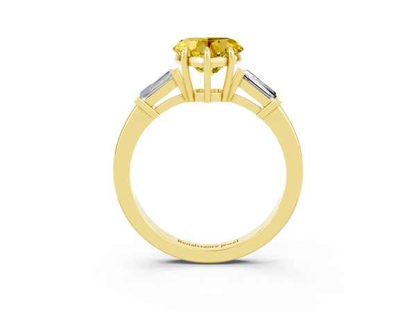 Yellow gold Heart Cut Yellow Sapphire Three-Stone Ring with Tapered Baguette Side Stones and Prong Setting