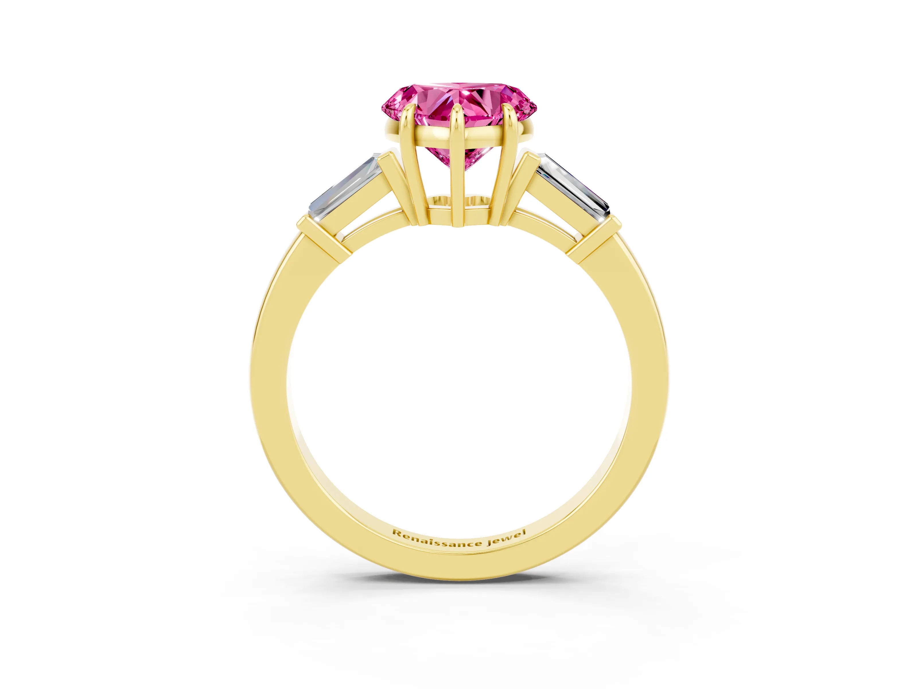 Yellow gold Heart Cut Cut Diamond Ring with Tapered Baguette Side Stones in Four-Prong Setting_3