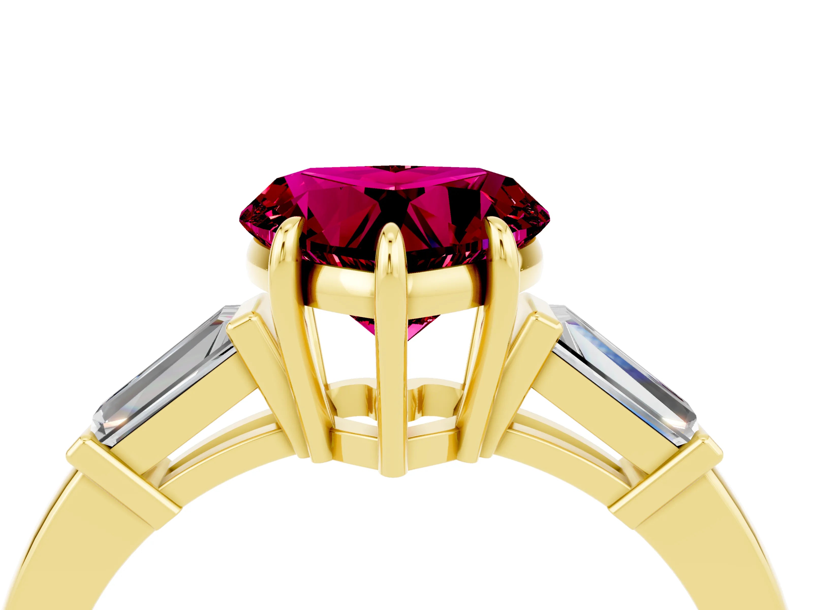 Yellow gold Heart Cut Cut Diamond Ring with Tapered Baguette Side Stones in Four-Prong Setting_4