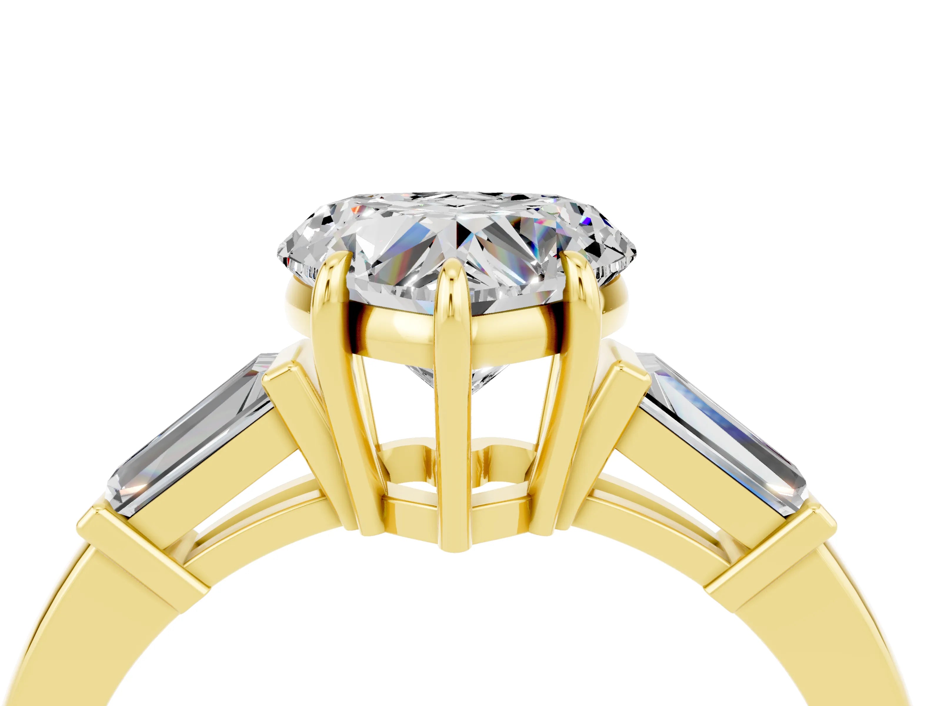 Yellow gold Heart Cut Cut Diamond Ring with Tapered Baguette Side Stones in Four-Prong Setting_4