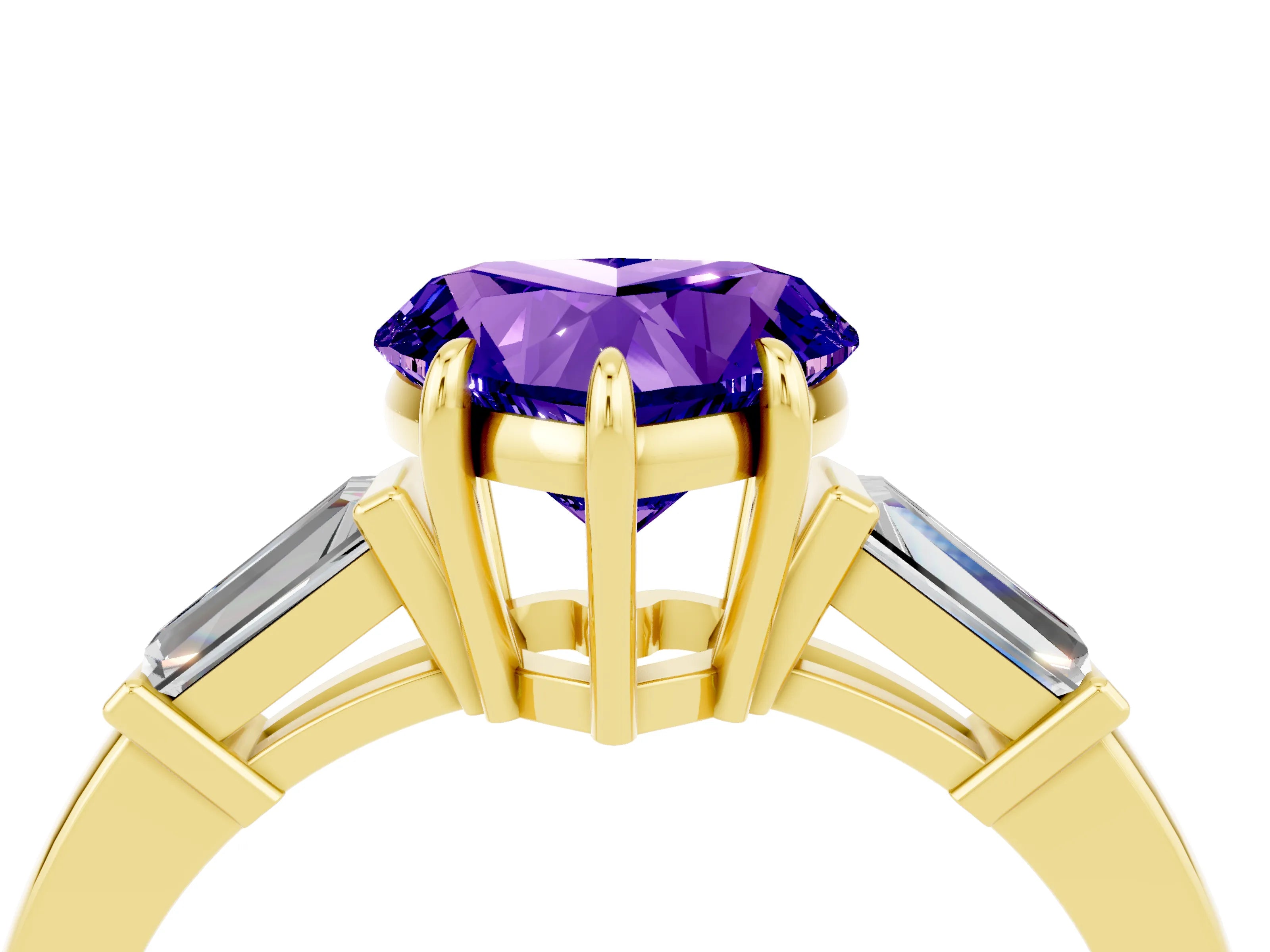 Yellow gold Heart Cut Cut Diamond Ring with Tapered Baguette Side Stones in Four-Prong Setting_4