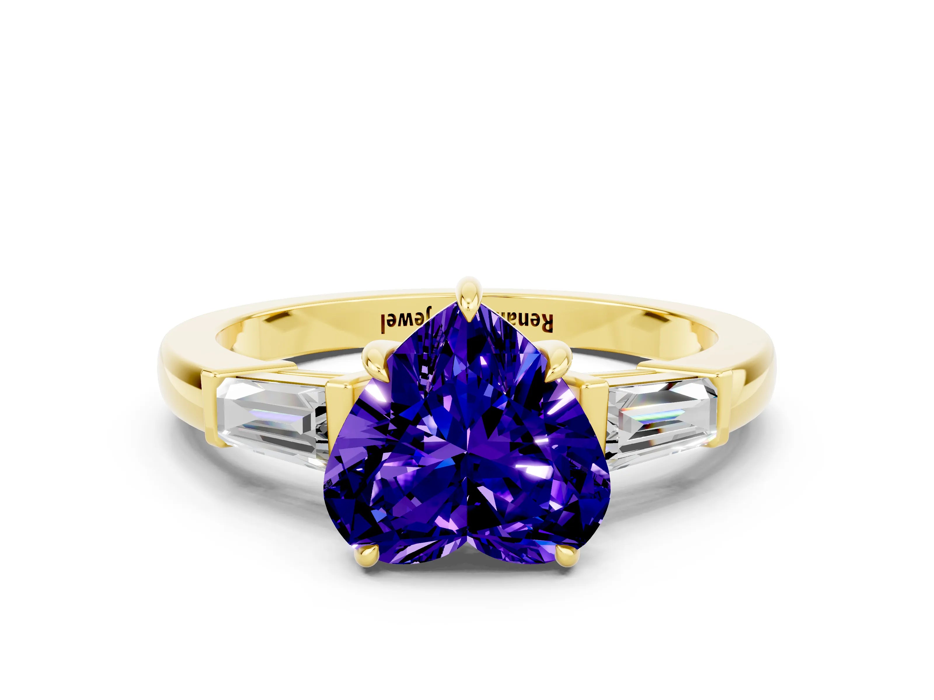 Yellow gold Heart Cut Cut Diamond Ring with Tapered Baguette Side Stones in Four-Prong Setting