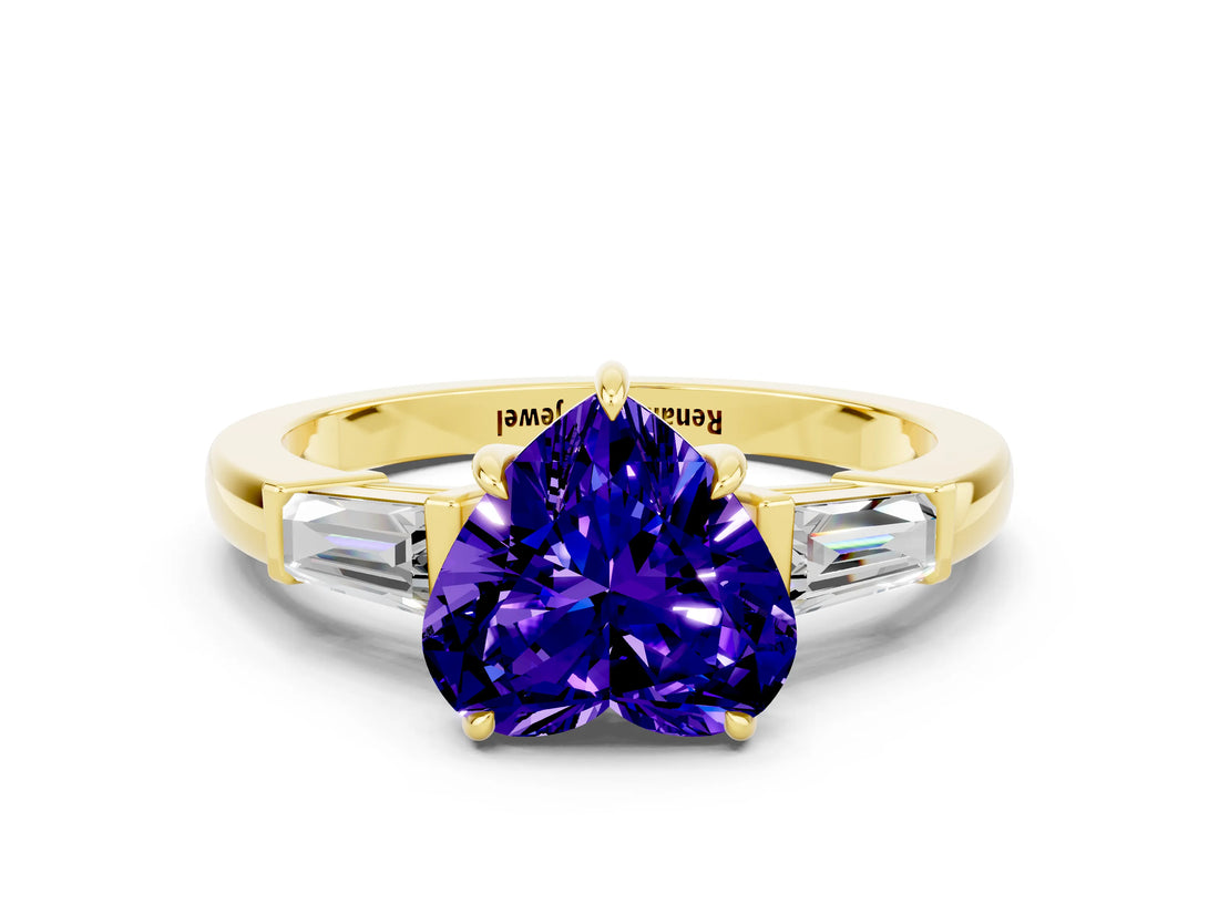 Yellow gold Heart Cut Cut Diamond Ring with Tapered Baguette Side Stones in Four-Prong Setting