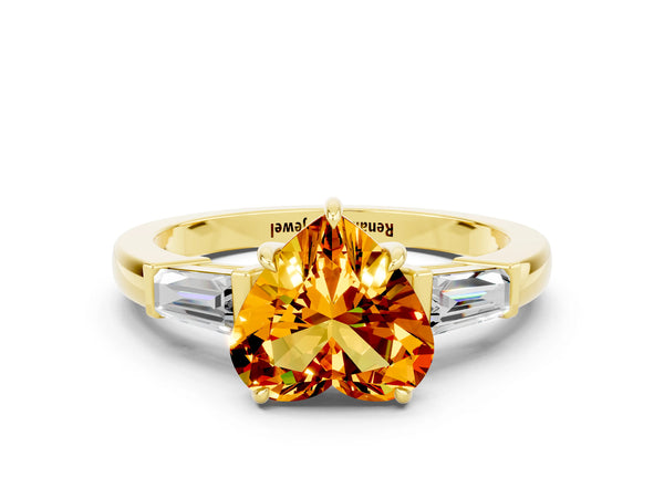 Yellow gold Heart Cut Citrine Three-Stone Ring with Tapered Baguette Side Stones and Prong Setting