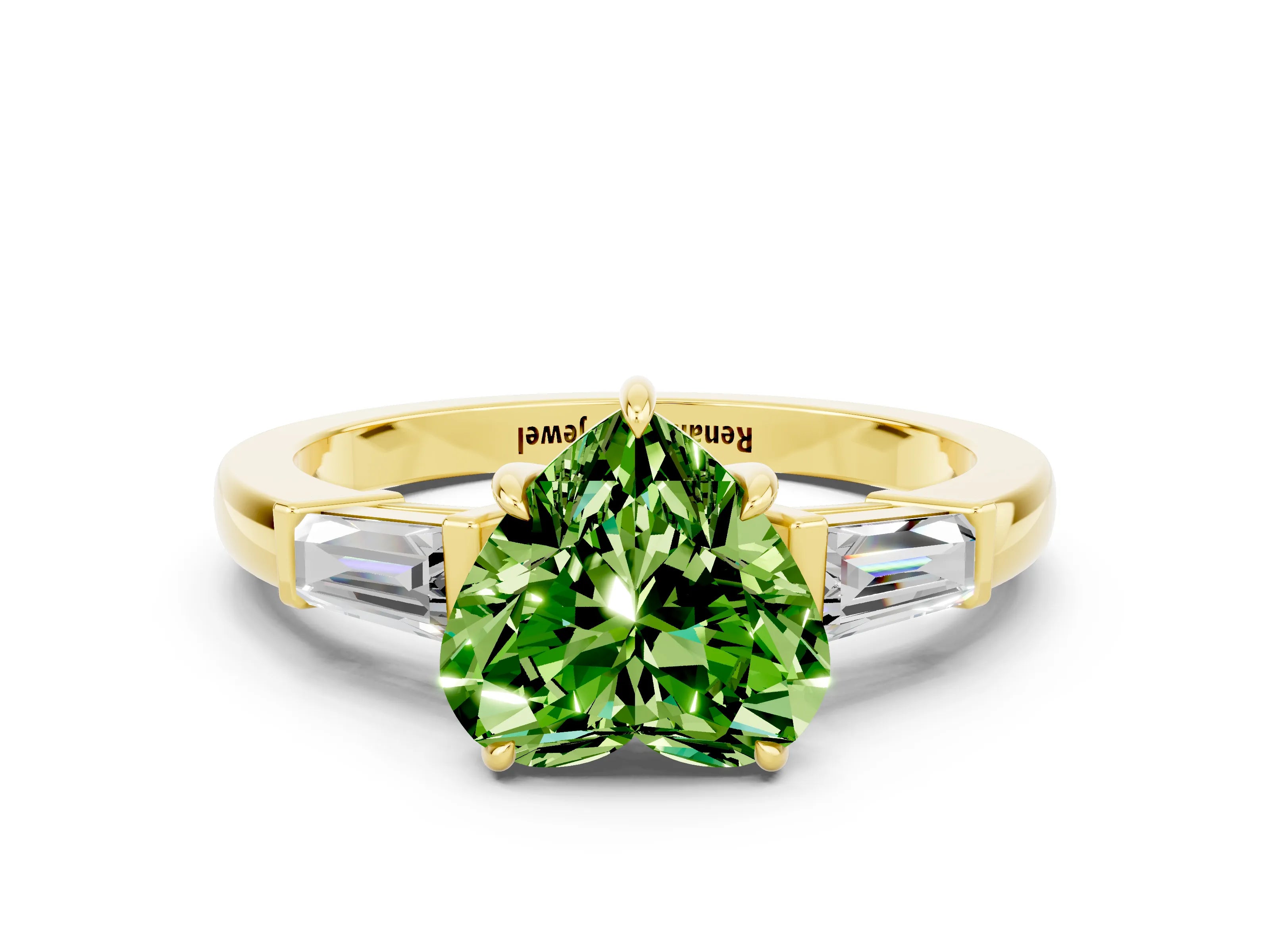 Yellow gold Heart Cut Cut Diamond Ring with Tapered Baguette Side Stones in Four-Prong Setting