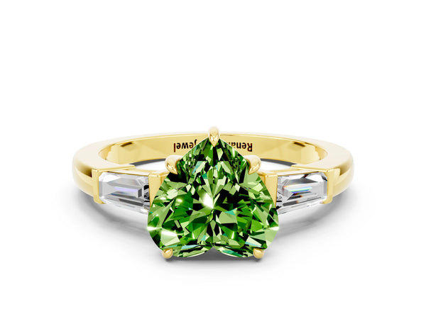 Yellow gold Heart Cut Cut Diamond Ring with Tapered Baguette Side Stones in Four-Prong Setting